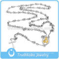 Silver Rosary Style Necklace in 18k Gold Over Saint Medal 316 Stainless Steel Necklace with Cross